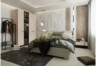 Спальня Милагро 2, тип кровати Мягкие, цвет Кашемир серый, Камень Пьетра, Черный графит